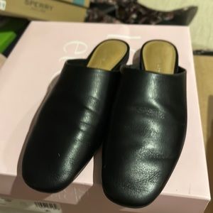 Black leather mules